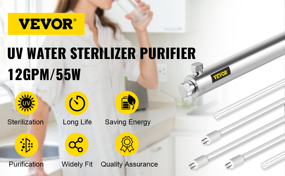 VEVOR UV Water Purifier Sterilizer Filter, UV Light Water Filter for Whole House Water Purification, 12GPM 110V 55W, 3 UV Lamps + 2 Quartz Sleeves