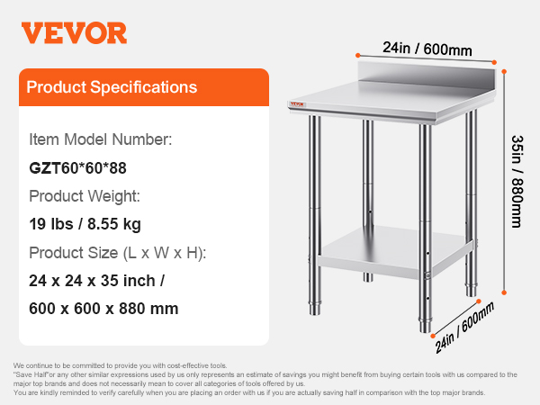 VEVOR Table De Travail En Acier Inoxydable 76,2 X 91,4 X 95,5 Cm, Table