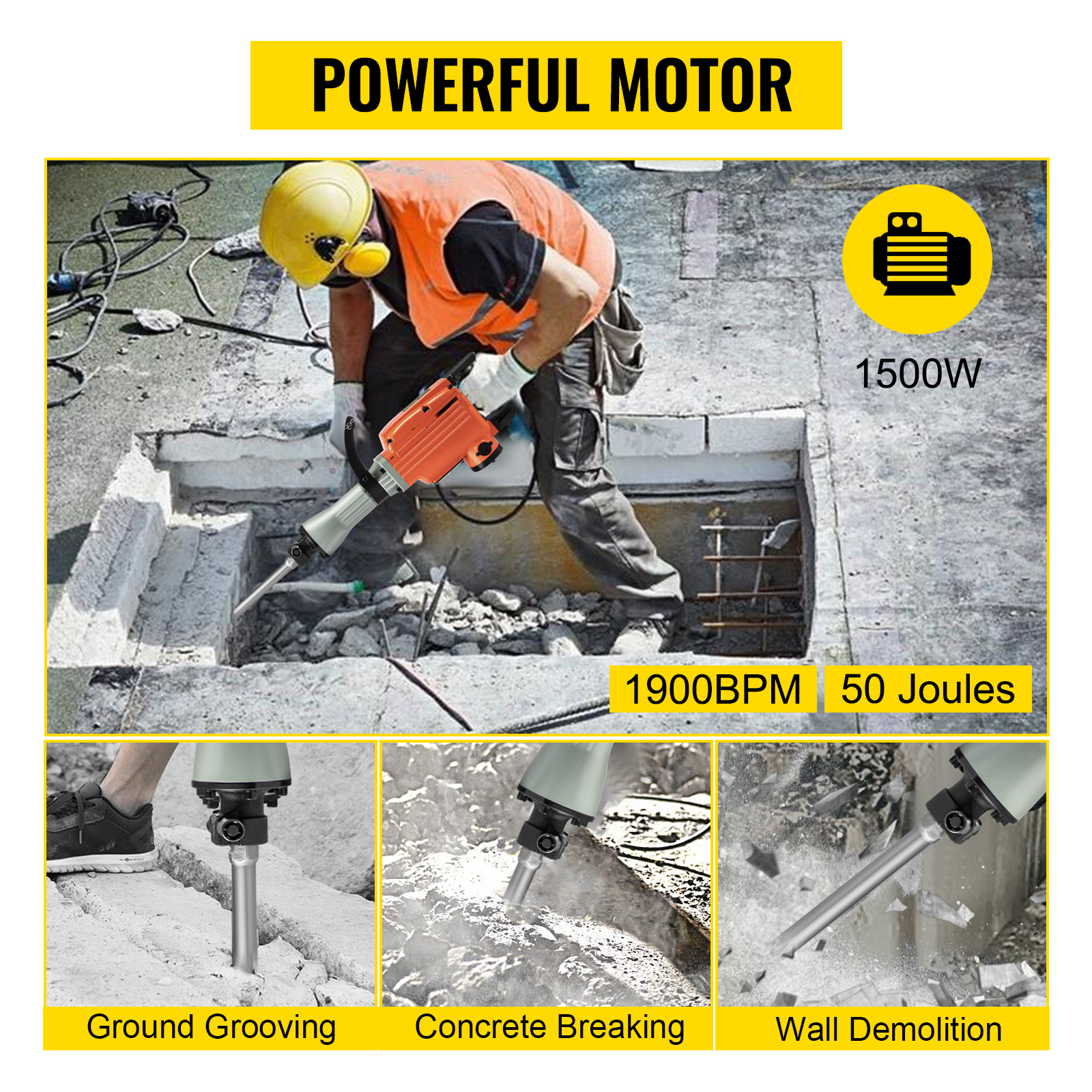 VEVOR Electric Demolition Hammer, Jack Hammer Concrete Breaker, Heavy Duty  Electric Jack Hammer, with Chisels Gloves & 360°C Swiveling Front Handle  for Trenching and Breaking Holes (3600W + 2 Chisel) : 