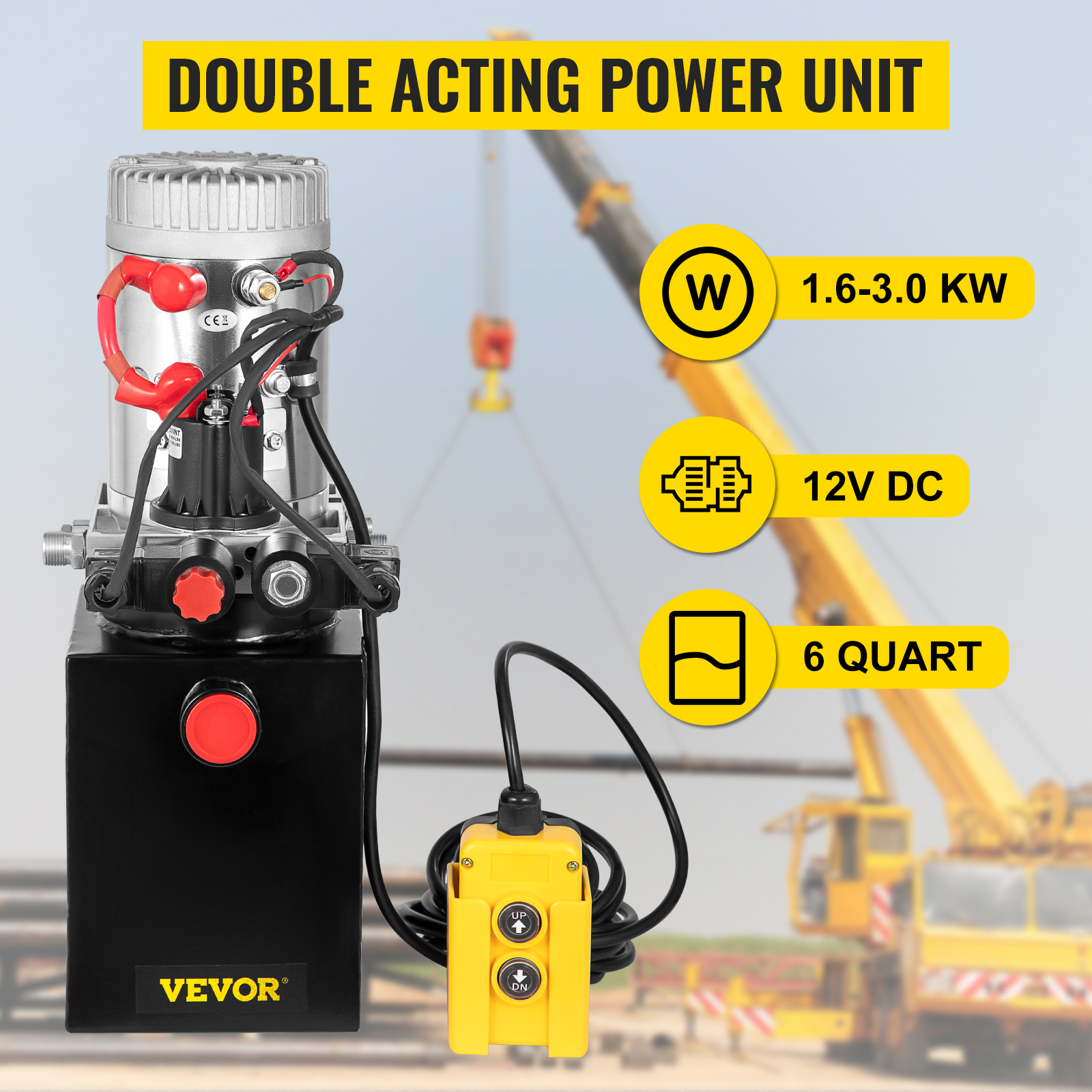 VEVOR Hydraulic Pump 6 Quart Hydraulic Power Unit 12V DC Hydraulic Pump  Dump Trailer Double Acting Hydraulic Pump (Steel, 6 Quart/Double Acting)