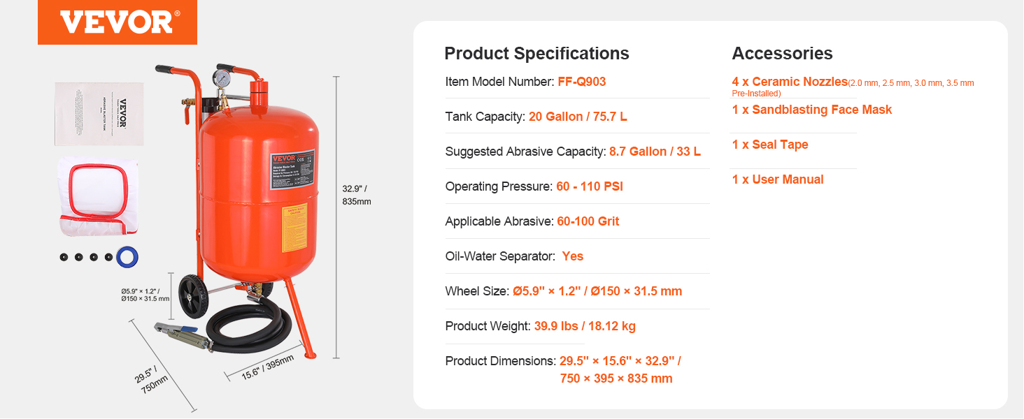 VEVOR 75 litrový pískovací hrnec 16,5 galonový mobilní pískovací stroj Silný ocelový abrazivní pískovací tryskač s pískovací pistolí 2 gumová kolečka pro lakování karoserie