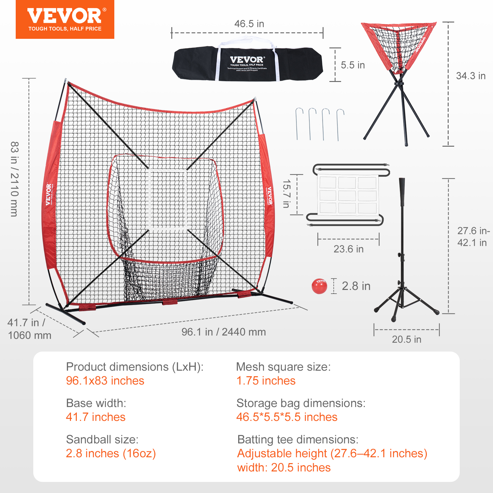 VEVOR 7x7/5x5 ft Baseball Softball Practice Net Hitting Multiple Accessories