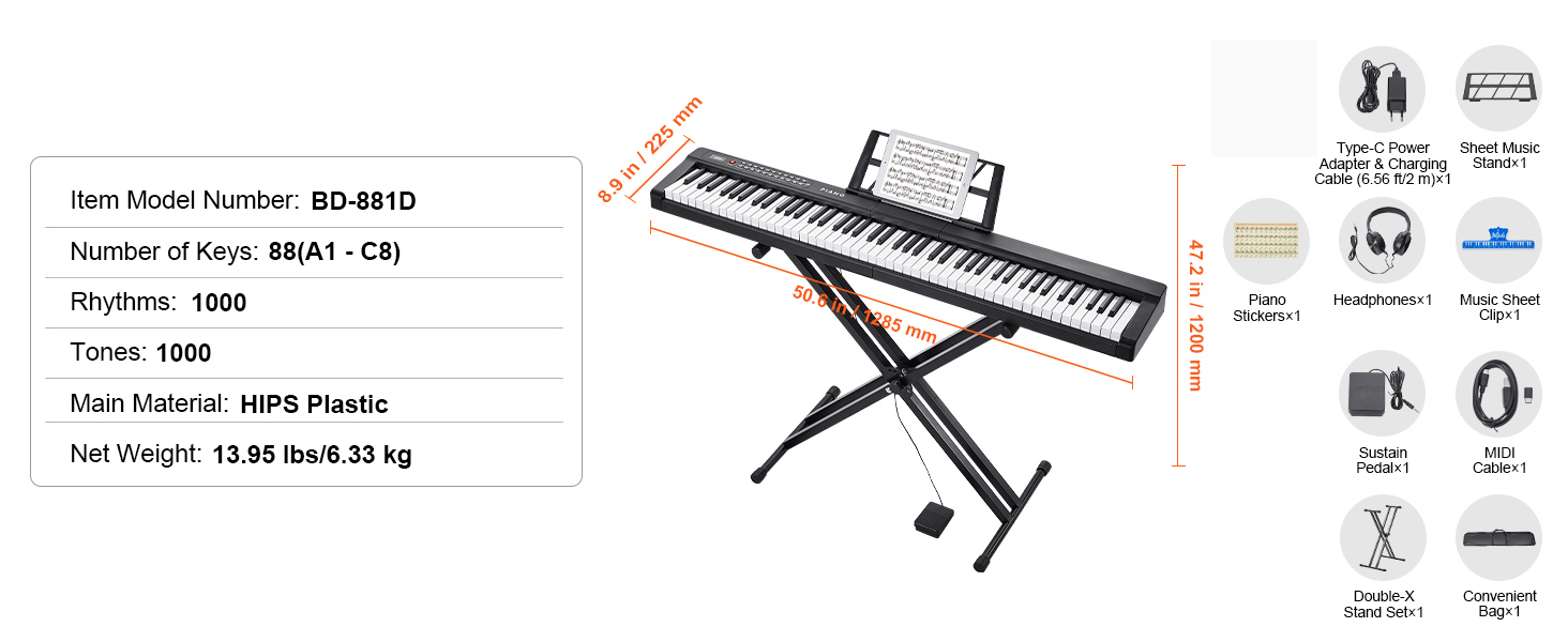 Diagram showing the digital piano with dimensions and a list of included accessories