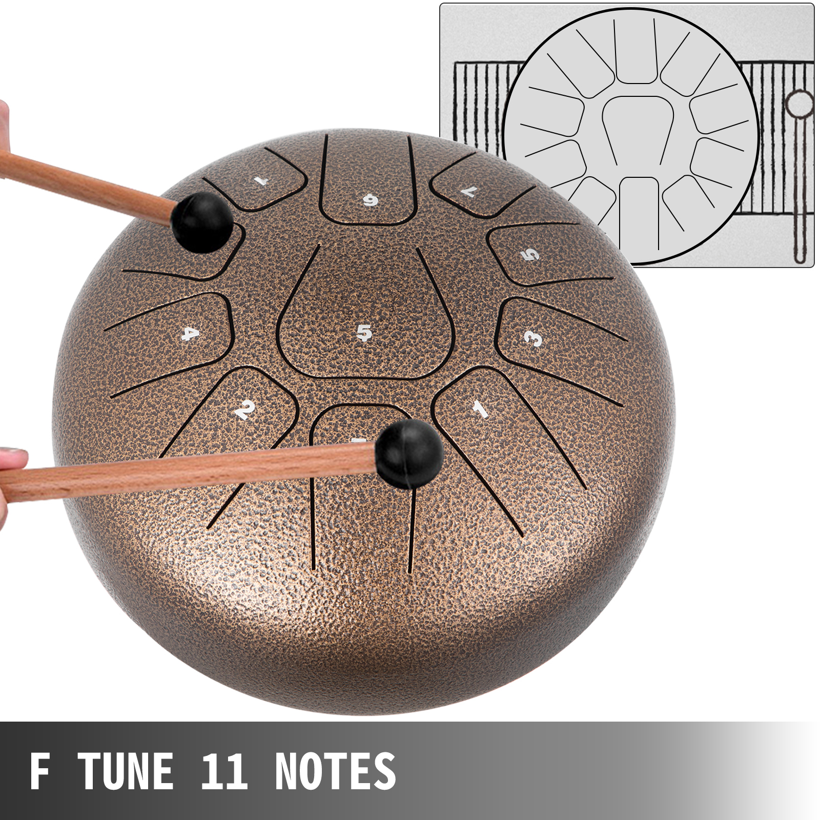 VEVOR Tambour de Langue en acier 11 notes Tambour à Languette marron 8  pouces Languette Tambour Mini Instrument à Percussion
