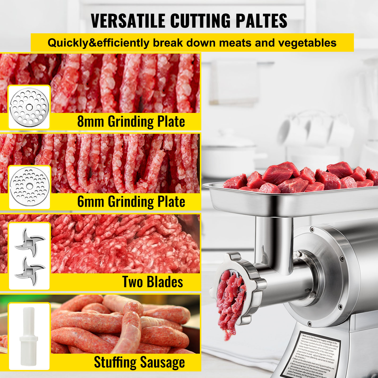 VEVOR Commercial Meat Grinder 550LB/h 1100W Electric Sausage Stuffer 220 RPM Industrial Meat Mincer w/2 Blades - Silver