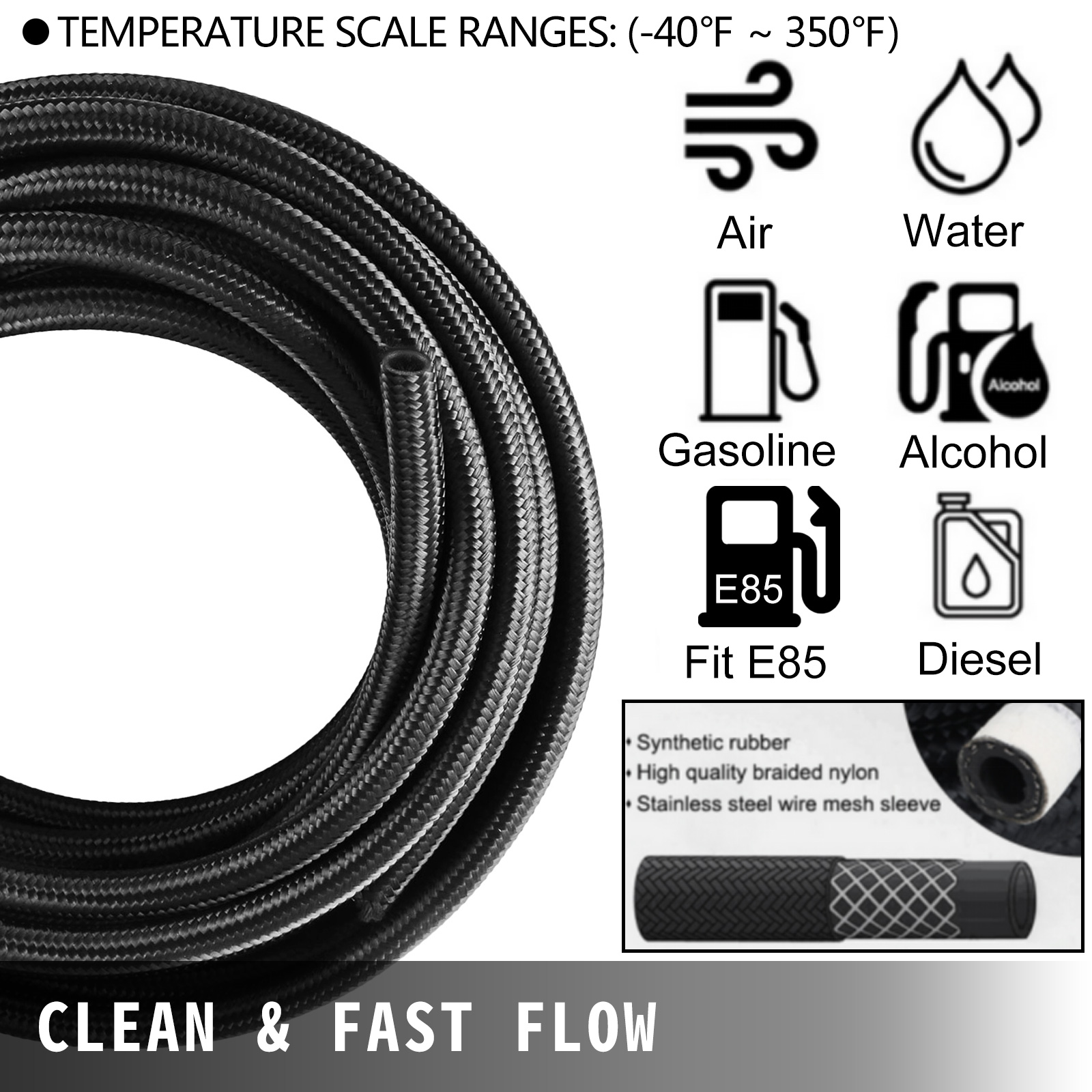 VEVOR 32.8 ft. 6AN Stainless Steel Nylon Braided Oil Gas Fuel Line Hose 20 Piece
