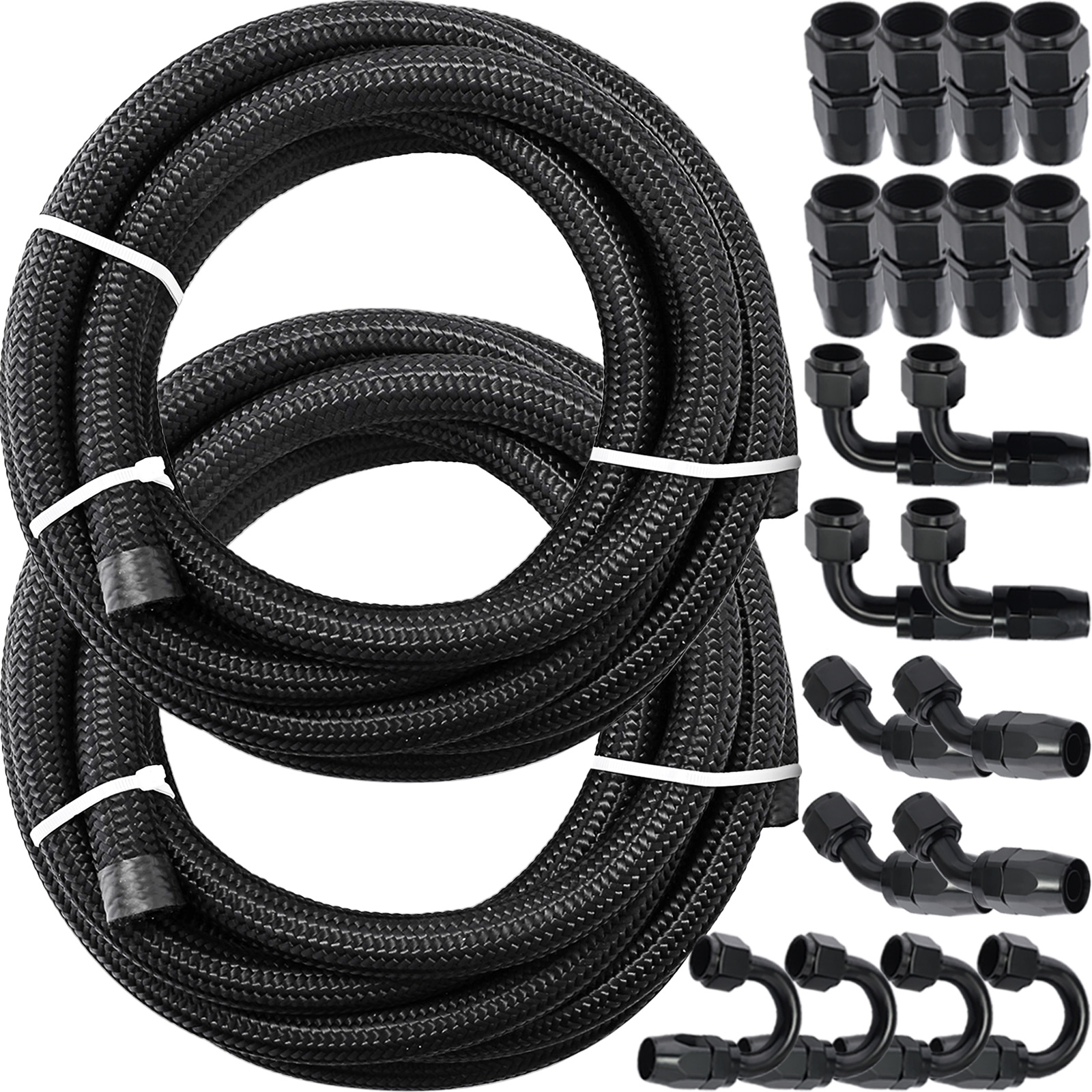VEVOR 8AN Fuel Line 20 Pcs 8AN Fuel Hose Kit 32.8ft BK Nylon Stainless Steel Braided Oil Line Hose NBR CPE Synthetic Rubber AN8 Gas Line 8AN