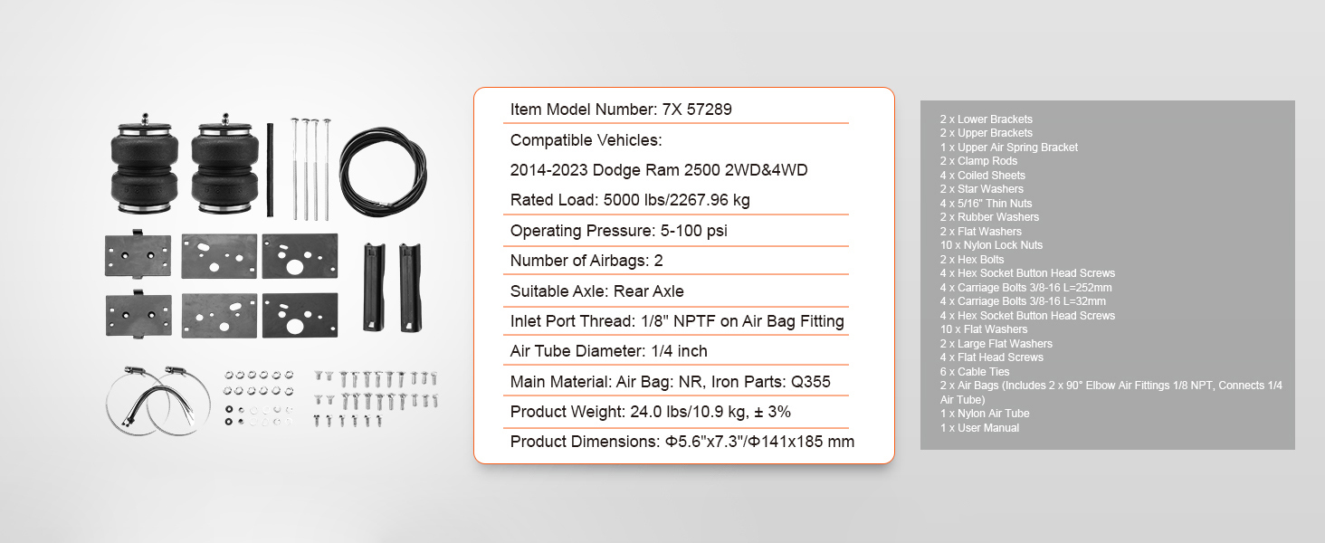 Air Bag Suspension Kit, 5000 lbs, 5-100 PSI