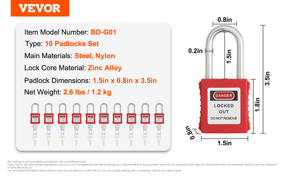 VEVOR Lockout Tagout-slotset, 10 rode veiligheidsvergrendelingssloten ...