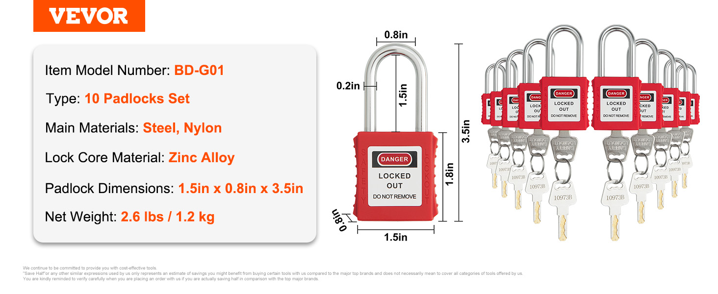 Sada zámků VEVOR Lockout Tagout, 10 KS červených bezpečnostních zámků, se 2 klíči na zámek, uzamčení vyhovující OSHA, bezpečnostní visací zámky pro elektrické zamykání pro sady štítků