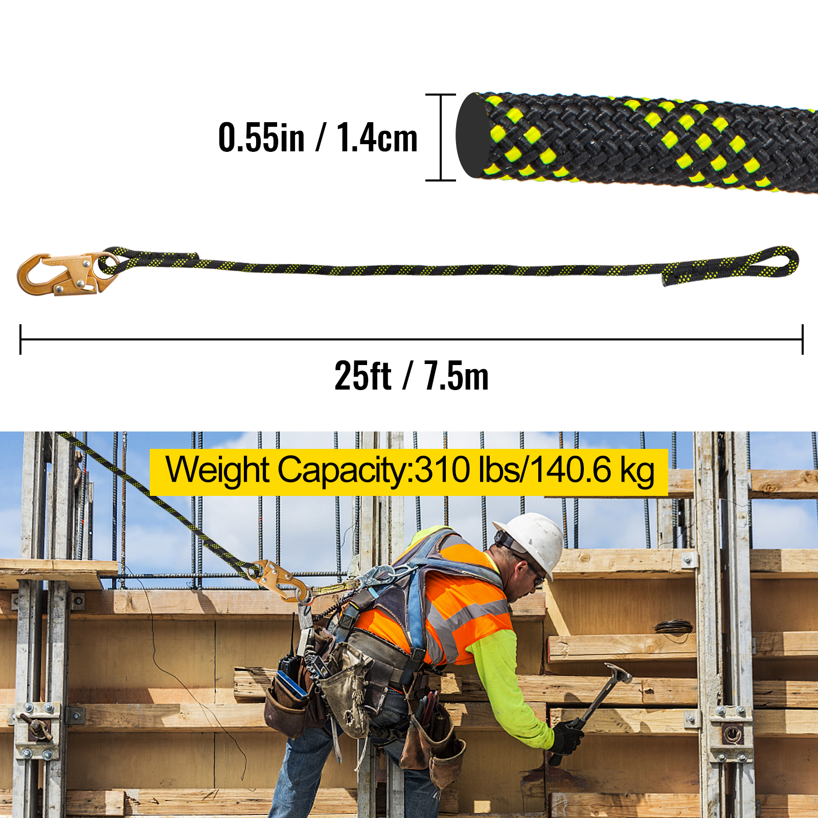 VEVOR Vertical Lifeline Assembly, 25 ft Fall Protection Rope, Polyester Roofing  Rope, CE Compliant Fall Arrest Protection Equipment with Alloy Steel Rope  Grab, Two Snap Hooks, Shock Absorber