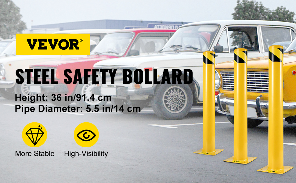 VEVOR Safety Bollard 36-5.5 Safety Barrier Bollard 5-1/2" OD 36" Height Yellow Powder Coat Pipe Steel Safety Barrier with 4 Free Anchor Bolts for Traffic-Sensitive Area