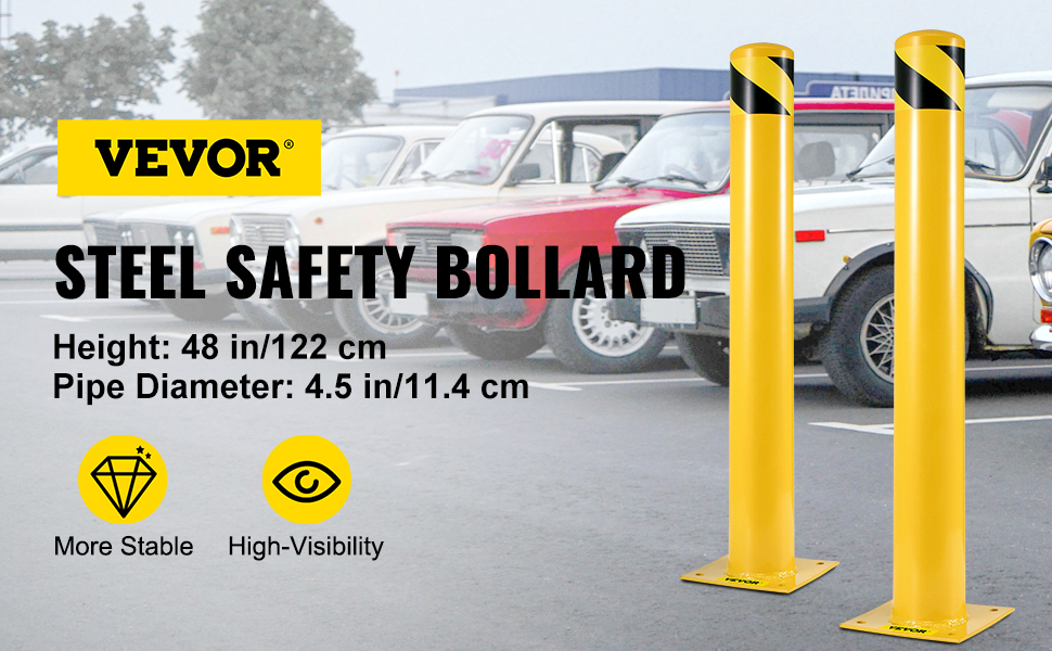 VEVOR Safety Bollard 48-4.5 Safety Barrier Bollard 4-1/2" OD 48" Height Yellow Powder Coat Pipe Steel Safety Barrier with 4 Free Anchor Bolts for Traffic-Sensitive Area