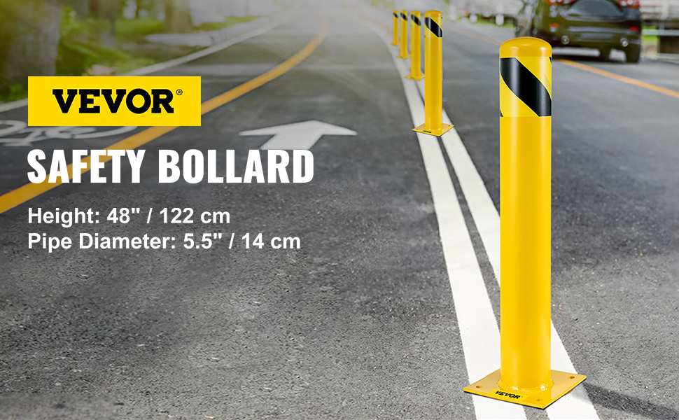 VEVOR Safety Bollard, 48 Inch Height Bollard Post, 5.5 Inch Diameter Steel Pipe Safety Bollard Post, Yellow Steel Bollard, Steel Safety Bollard with 8 Anchor Bolts, Perfect for Traffic-Sensitive Area