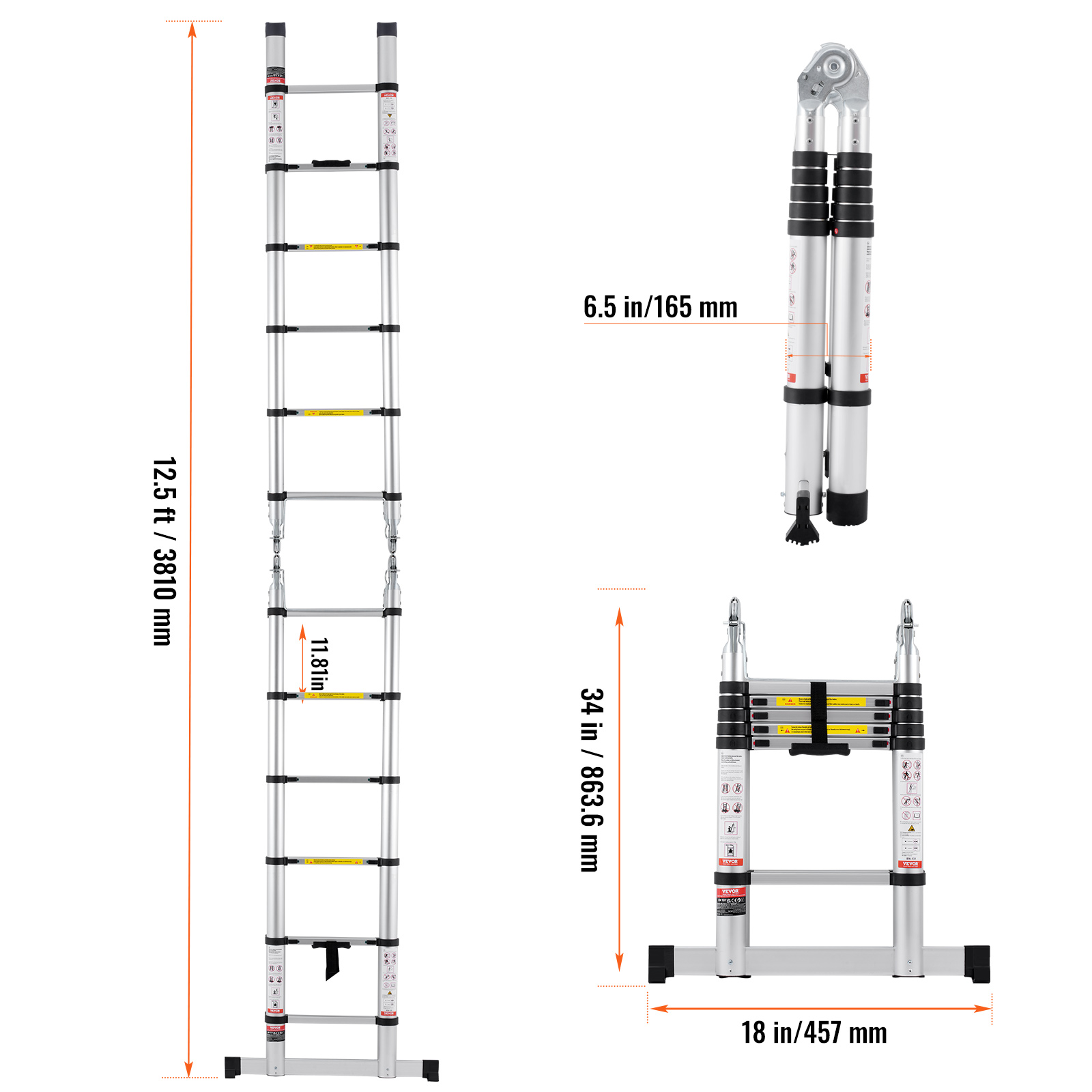 Échelle Télescopique Aluminium, 3,8m,Barre Stabilisatrice Canton Genève