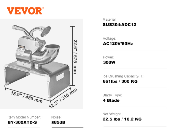 VEVOR Ice Crushers Machine, 661lbs Per Hour Electric Snow Cone Maker with 4 Blades, Stainless Steel Shaved Ice Machine with Cover, 300W Ice Shaver Machine for Margaritas, Home and Commercial Use