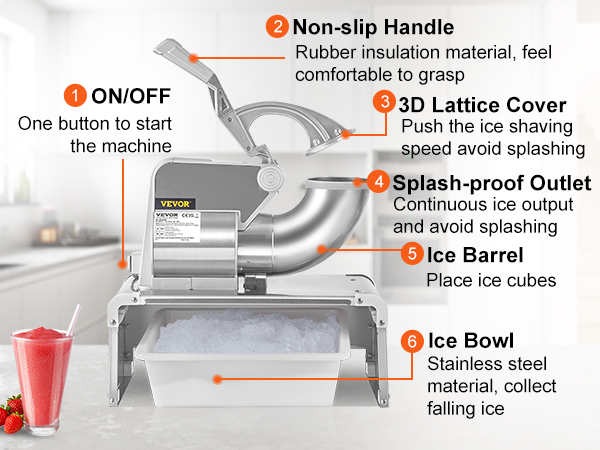 VEVOR Ice Crushers Machine, 661lbs Per Hour Electric Snow Cone Maker with 4 Blades, Stainless Steel Shaved Ice Machine with Cover, 300W Ice Shaver Machine for Margaritas, Home and Commercial Use