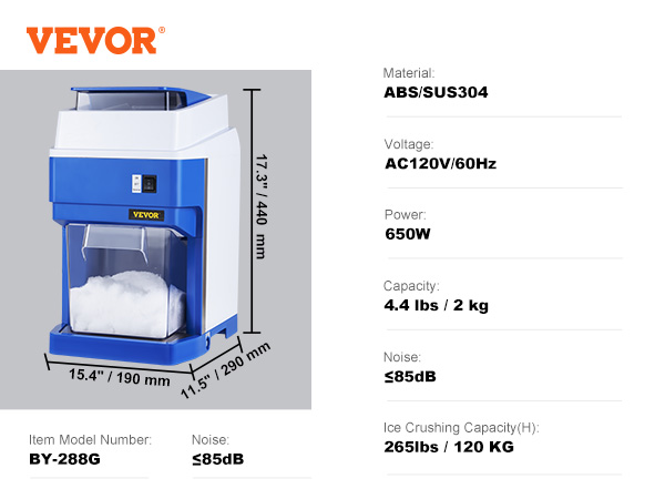 VEVOR Ice Crushers Machine, 176lbs Per Hour Electric Snow Cone  Maker with 2 Blades, Shaved Ice Machine with Cover, 220W Ice Shaver Machine  for Margaritas, Home and Commercial Use: Ice