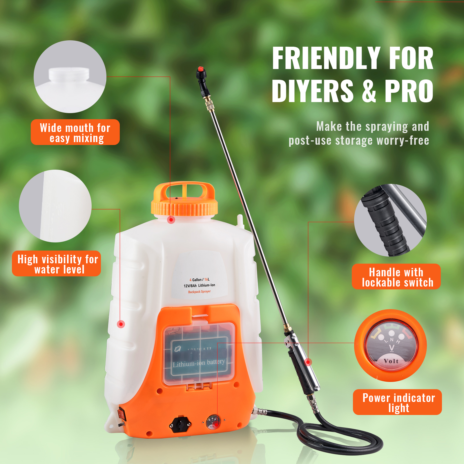 Battery Powered Backpack Sprayer with Wheel 4 Gal Tank 0-94 PSI Adjustable - Picture 8 of 26