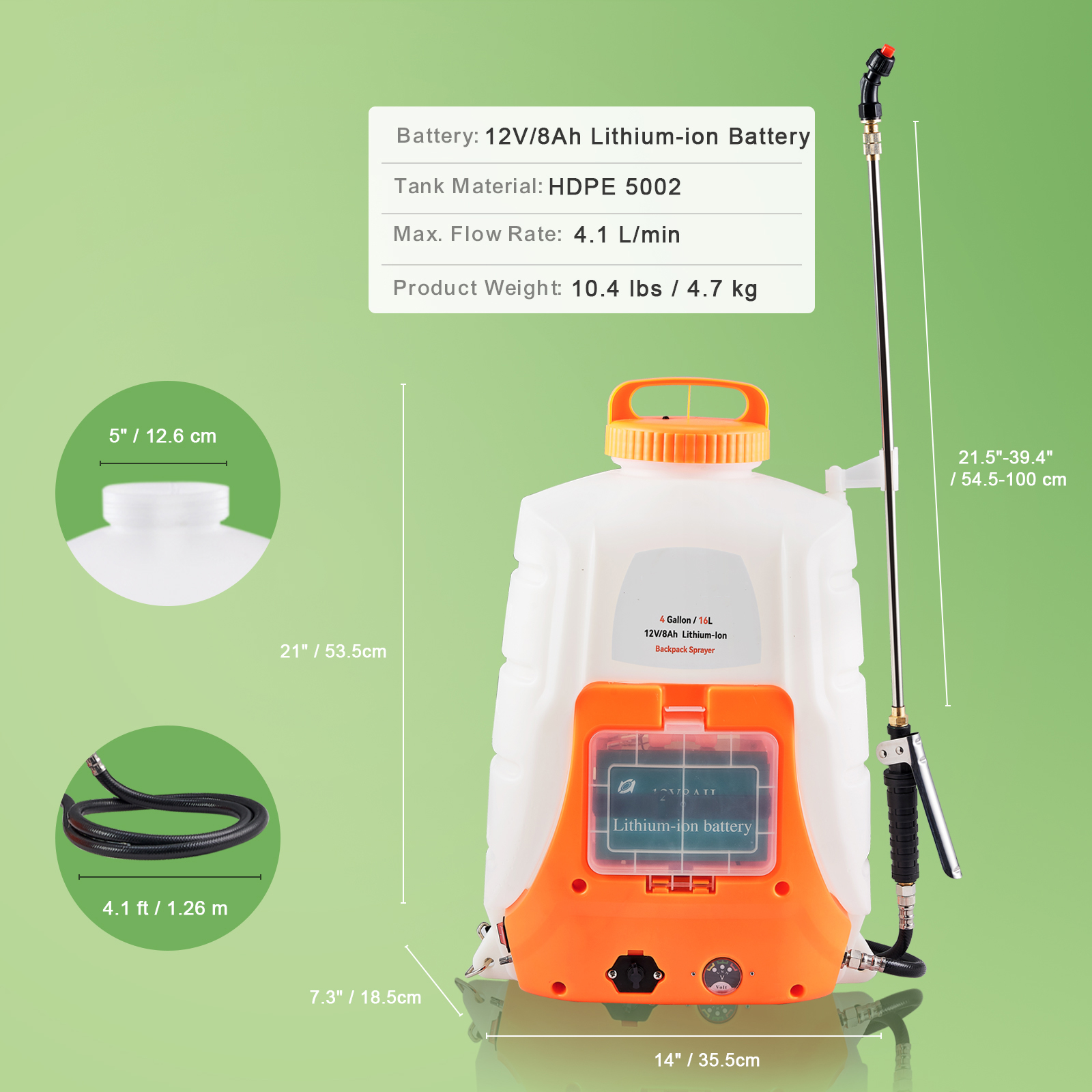 Battery Powered Backpack Sprayer with Wheel 4 Gal Tank 0-94 PSI Adjustable - Picture 9 of 26