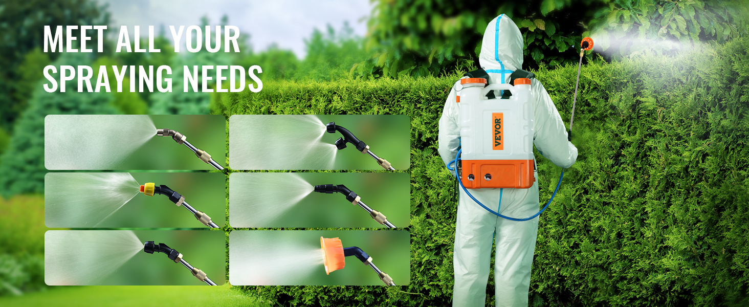 person using VEVOR backpack sprayer on lush green hedges, showcasing various spray nozzles.