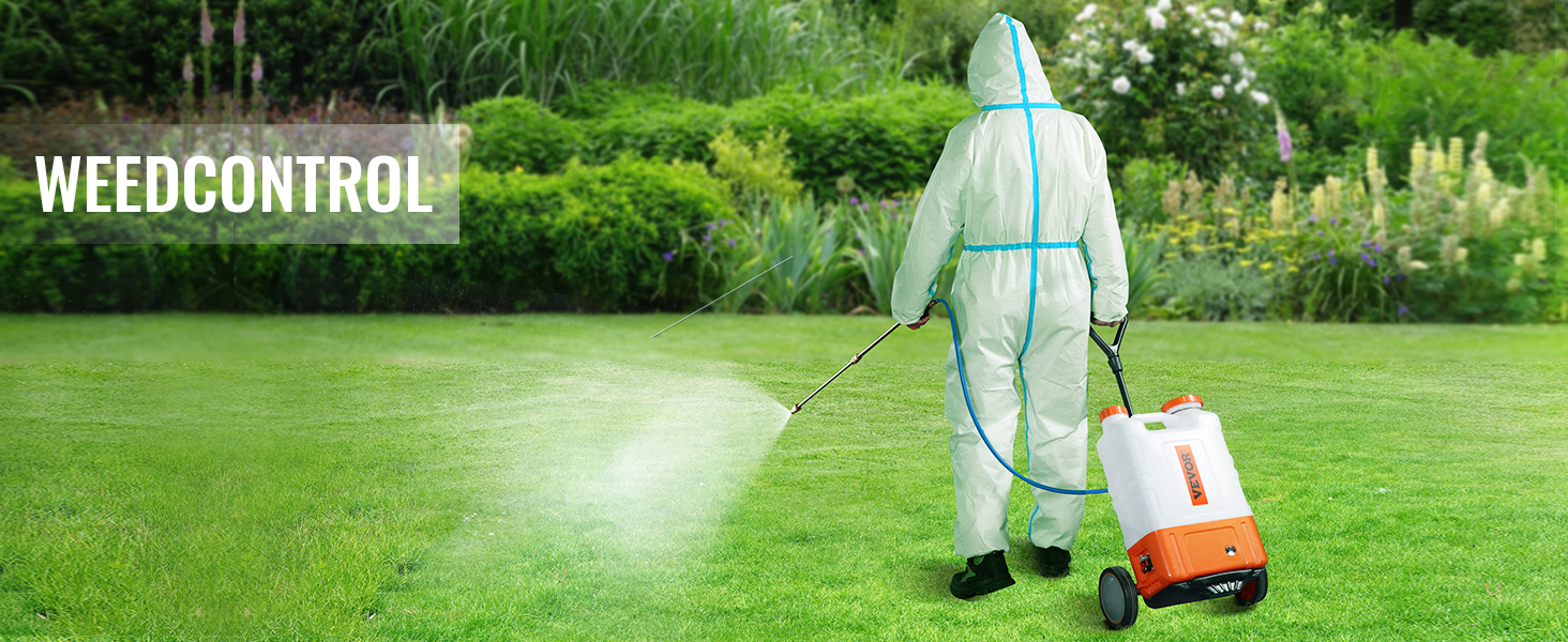 man in protective suit spraying lawn with VEVOR backpack sprayer for weed control.