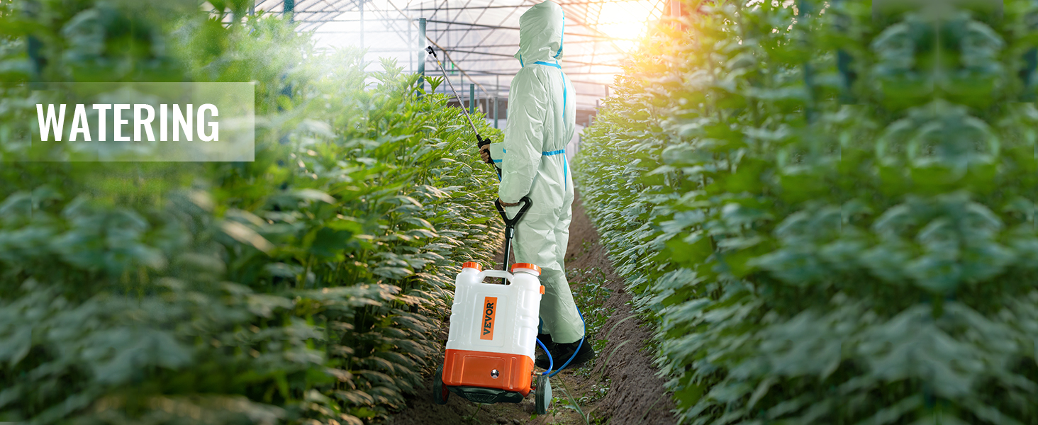 gardener in protective suit waters plants in greenhouse using VEVOR backpack sprayer at sunrise.