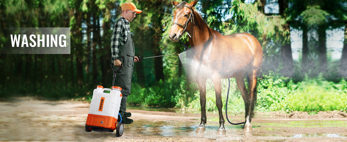 person using VEVOR backpack sprayer to wash a horse in an outdoor forest environment.