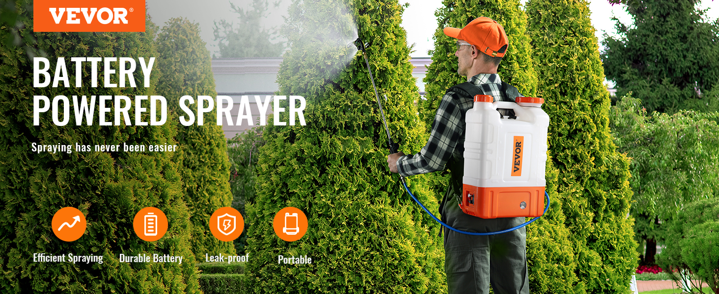 VEVOR backpack sprayer in use, showcasing efficient spraying and portability in a lush garden.