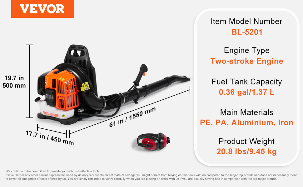 VEVOR Backpack Leaf Blower, 52CC 2-Cycle Leaf Blower with 1.37L Fuel Tank, 480CFM Air Volume 175MPH Speed, Ideal for Lawn Care, Leaf Cleaning, and Snow Removal