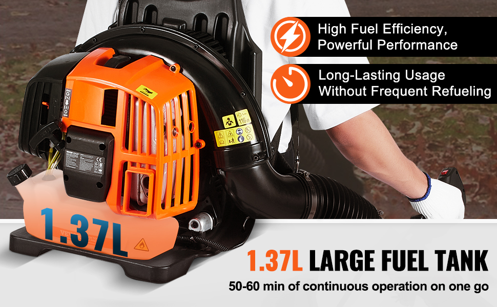 VEVOR Backpack Leaf Blower, 52CC 2-Cycle Leaf Blower with 1.37L Fuel Tank, 480CFM Air Volume 175MPH Speed, Ideal for Lawn Care, Leaf Cleaning, and Snow Removal
