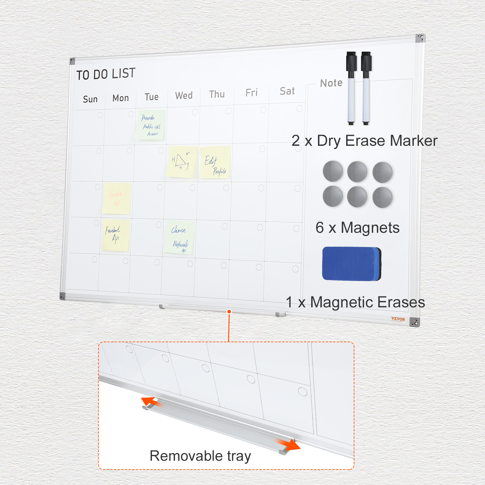 VEVOR Calendar Whiteboard, 36 x 24 Inches Magnetic Dry Erase Calendar  Board, Monthly Planner Whiteboard for Wall, 1 Magnetic Erase & 2 Dry Erase  Marker & Movable Tray for Restaurant Office Home School