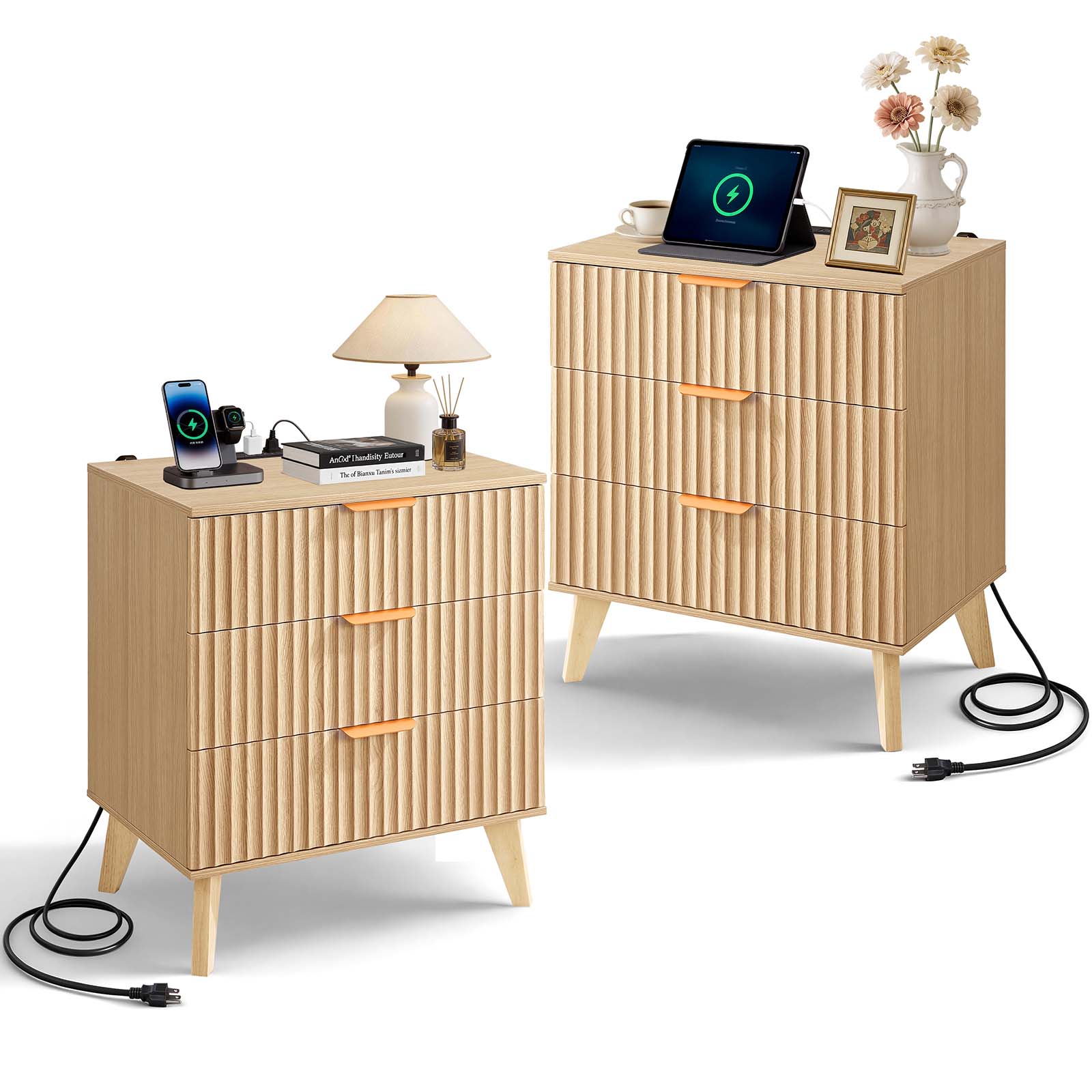 VEVOR Fluted/Farmhouse Nightstands with Charging Station Dresser Bedroom 1/2 Set
