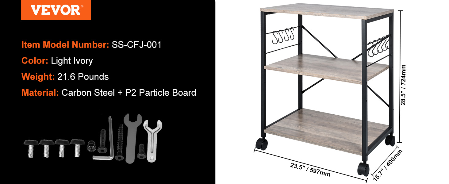 VEVOR Kitchen Baker's Rack, 3-Tier Industrial Microwave Stand with Hutch & 8 S-Shaped Hooks, Multifunctional Coffee Station Organizer with Utility Storage Shelf for Kitchen, Living Room, Light Ivory