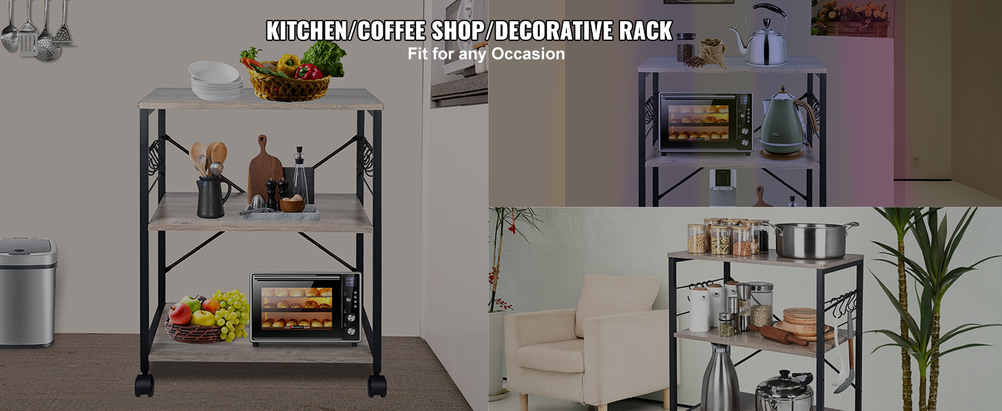 VEVOR Kitchen Baker's Rack, 3-Tier Industrial Microwave Stand with Hutch & 8 S-Shaped Hooks, Multifunctional Coffee Station Organizer with Utility Storage Shelf for Kitchen, Living Room, Light Ivory