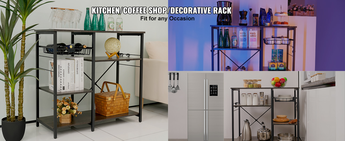 VEVOR Kitchen Baker's Rack, 5-Tier Industrial Microwave Stand with Hutch & 8 S-Shaped Hooks, Multifunctional Coffee Station Organizer with Utility Storage Shelf for Kitchen, Living Room, Dark Gray