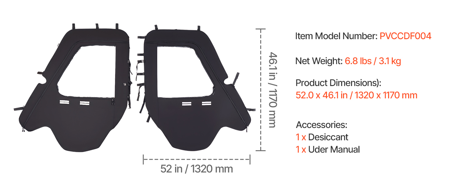 Soft UTV Cab Enclosure Upper Doors Zipper Set for Hisun 500 700