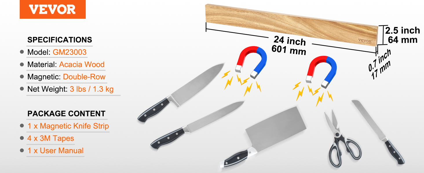 VEVOR VEVOR Soporte magnético para cuchillos con imán fuerte mejorado,  organizador de tiras de cuchillos sin perforación de 10 pulgadas para  pared, almacenamiento multifuncional, estante para cuchillos de madera de  acacia, barra