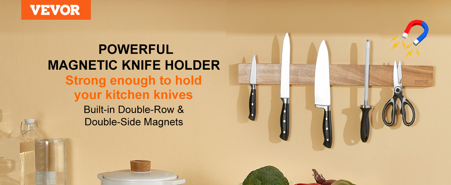 Natural Acacia Wood Magnetic Knife Strip Adhesive Strips 