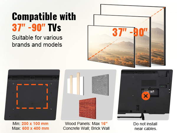 VEVOR Support Mural TV pour Écrans 37-90 pouces Jusqu'à 75 kg Fixation TV  Murale
