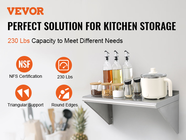 Wall Mounted Stainless Steel Floating Shelf Commercial Kitchen Metal  Shelving Wall Shelves for Restaurant Home 2-Tier Storage Rack