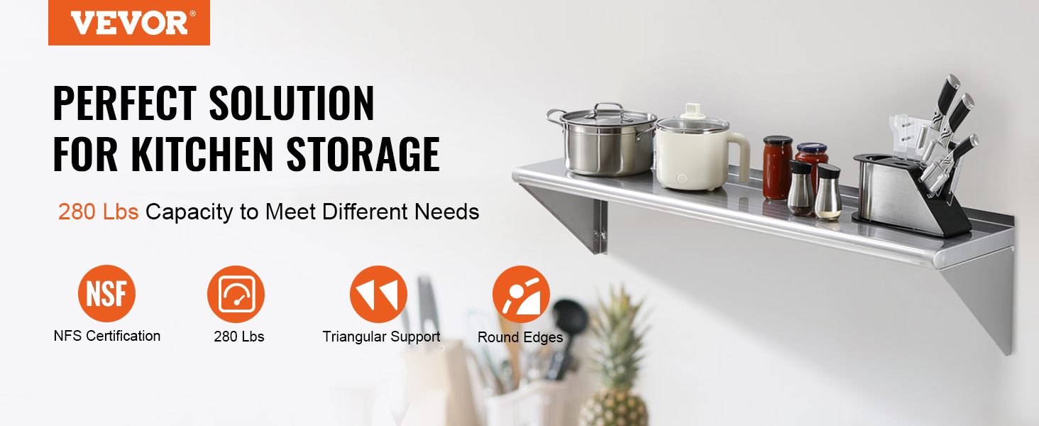 VEVOR 12" x 48" Stainless Steel Shelf, Wall Mounted Floating Shelving with Brackets, 280 lbs Load Capacity Commercial Shelves, Heavy Duty Storage Rack for Restaurant, Kitchen, Bar, Home, and Hotel