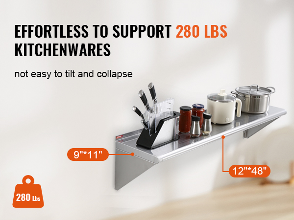 VEVOR 12" x 48" Stainless Steel Shelf, Wall Mounted Floating Shelving with Brackets, 280 lbs Load Capacity Commercial Shelves, Heavy Duty Storage Rack for Restaurant, Kitchen, Bar, Home, and Hotel