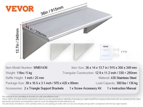 VEVOR 14" x 36" Stainless Steel Shelf, Wall Mounted Floating Shelving with Brackets, 300 lbs Load Capacity Commercial Shelves, Heavy Duty Storage Rack for Restaurant, Kitchen, Bar, Home, and Hotel