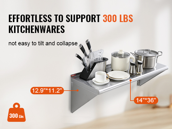 VEVOR 14" x 36" Stainless Steel Shelf, Wall Mounted Floating Shelving with Brackets, 300 lbs Load Capacity Commercial Shelves, Heavy Duty Storage Rack for Restaurant, Kitchen, Bar, Home, and Hotel