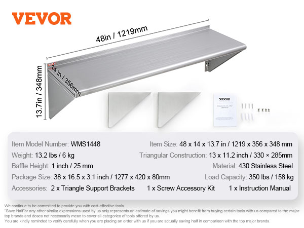 VEVOR 14" x 48" Stainless Steel Shelf, Wall Mounted Floating Shelving with Brackets, 350 lbs Load Capacity Commercial Shelves, Heavy Duty Storage Rack for Restaurant, Kitchen, Bar, Home, and Hotel