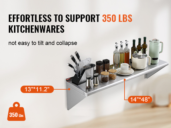 VEVOR 14" x 48" Stainless Steel Shelf, Wall Mounted Floating Shelving with Brackets, 350 lbs Load Capacity Commercial Shelves, Heavy Duty Storage Rack for Restaurant, Kitchen, Bar, Home, and Hotel