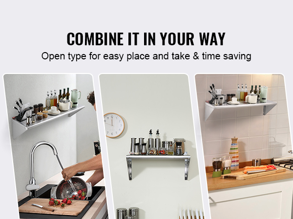 VEVOR 14" x 48" Stainless Steel Shelf, Wall Mounted Floating Shelving with Brackets, 350 lbs Load Capacity Commercial Shelves, Heavy Duty Storage Rack for Restaurant, Kitchen, Bar, Home, and Hotel