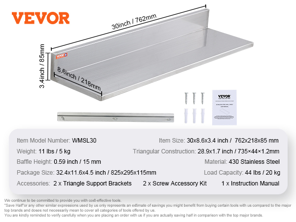 VEVOR 8.6" x 30" Stainless Steel Shelf, Wall Mounted Floating Shelving with Backsplash, 44 lbs Load Capacity Commercial Shelves, Heavy Duty Storage Rack for Restaurant, Kitchen, Bar, Home, and Hotel