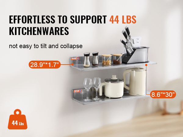 VEVOR 8.6" x 30" Stainless Steel Shelf, Wall Mounted Floating Shelving with Backsplash, 44 lbs Load Capacity Commercial Shelves, Heavy Duty Storage Rack for Restaurant, Kitchen, Bar, Home, and Hotel